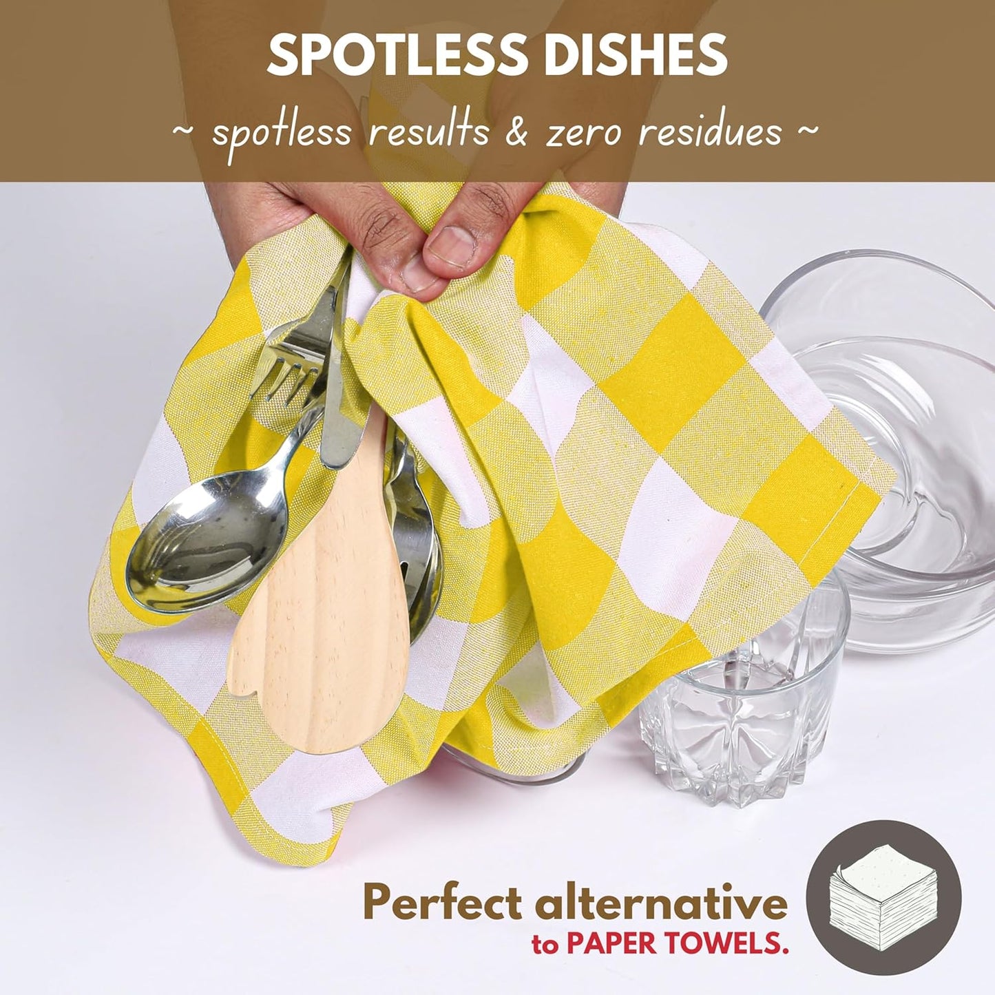 Native Fab Yellow Buffalo Dish Towel 16"x26", Set of 6 - Cotton Plaid Towels, Soft Absorbent Dishcloths with Hanging Loop, Kitchen Towels for Quick Drying - Yellow White