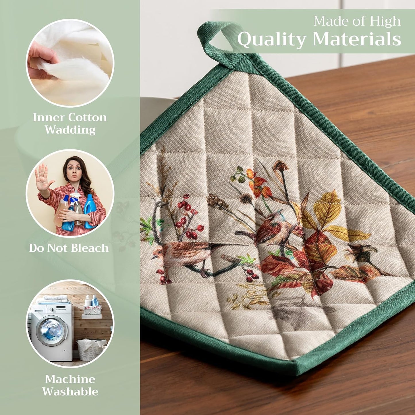 Maison d' Hermine Pot Holders Set 100% Cotton Heat Resistant Potholders 8" x 8" Hot Pads with Loop BBQ, Cooking, Baking, Grilling, Kitchen, Handling Hot Pans (Pack of 2, Recolte)