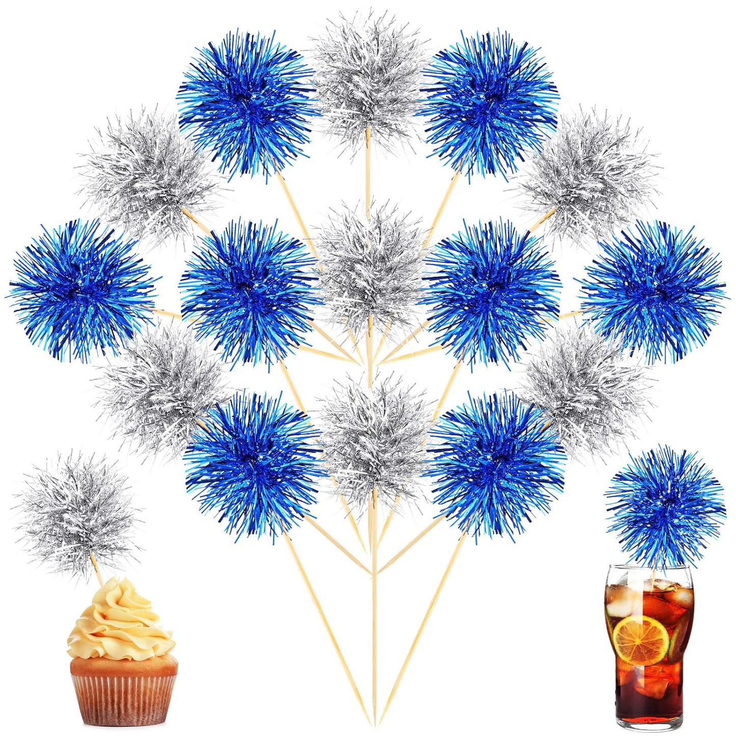 Chinco 100 Pcs Foil Firework Cupcake Toppers Sparkle Tinsel Cake Toppers Cake Decoration Cocktail Fruit Toothpick for Birthday Wedding Graduation Party(Silver, Blue)
