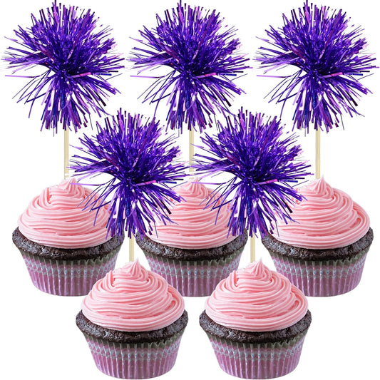 Gyufise 30Pcs Foil Firework Cupcake Toppers Sparkle Tinsel Cake Toppers Tinsel Drink Cake Decoration Cocktail Picks for Birthday Wedding Graduation Party Supplies Dark Purple