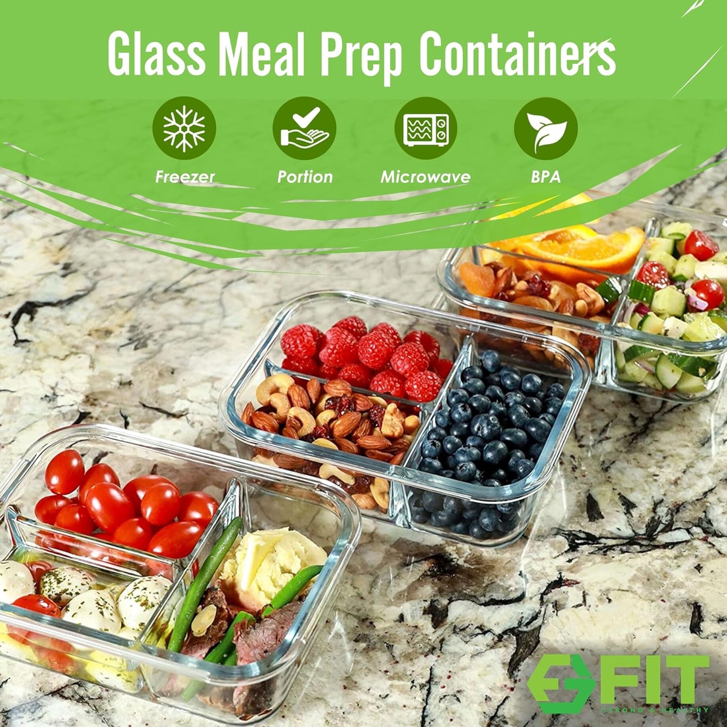 FIT Strong & Healthy Glass Meal Prep Containers 3 Compartment - Bento Box Adult Lunch Containers – Glass Snack Container with Lids, Leak-Proof Cover, Sectioned Storage Container, 32oz, Blue, 3 Pack