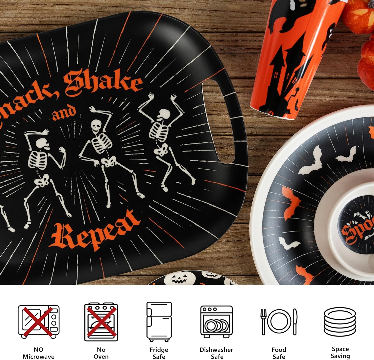 Oasis Choice 2-Pack Halloween Skeleton Serving Trays, 18" Large Handled Tray & 13" Chip & Dip Platter for Horror Party, BBQ, picnics and Birthday Decor (Bamboo Fiber, Black, 18inch)