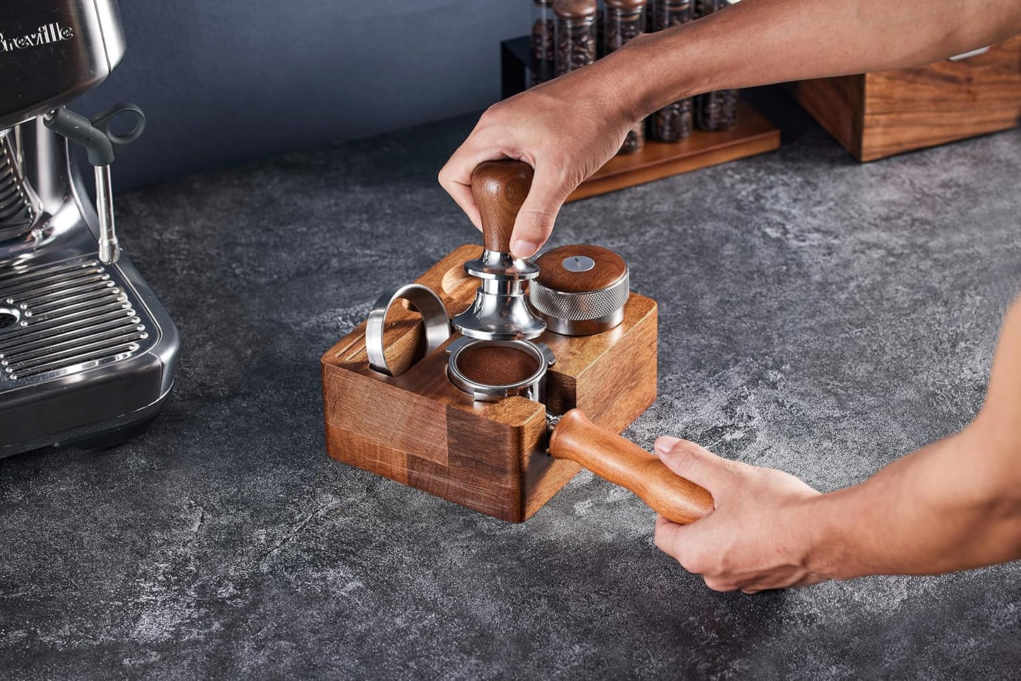Tamping Station for Portafilters Solid Wood Espresso Accessories 5-Slot Organizer with Anti-Slip Base & Adjustable height (small)