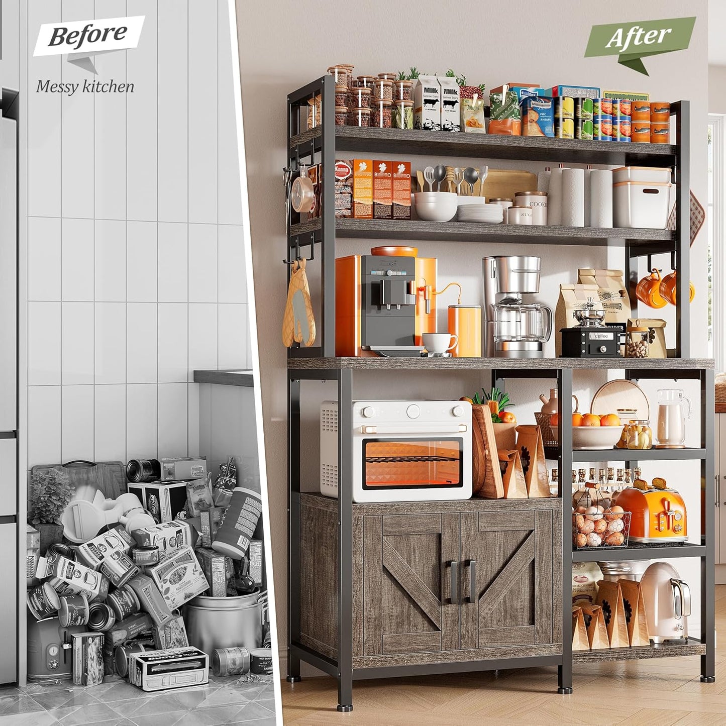 EnHomee Bakers Rack, 6 Tier Microwave Stand, Coffee Bar Organizer with 8 L-Shaped Hooks, Kitchen Shelves with Large Capacity Storage, 14.1 x 30.1 x 63.1 Inches, Black Oak