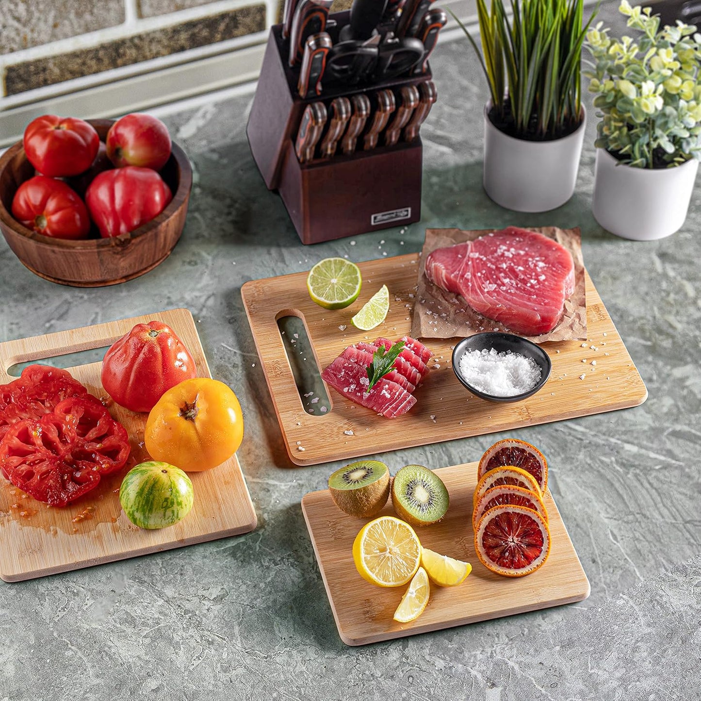 3 Piece Cutting Board Set - Reversible Bamboo Wood Cutting Boards for Kitchen, Chopping Meat, Vegetables, Fruit, Cheese, Charcuterie - Assorted Sizes with Handles for Meal Prep & Serving, Kitchen Gift