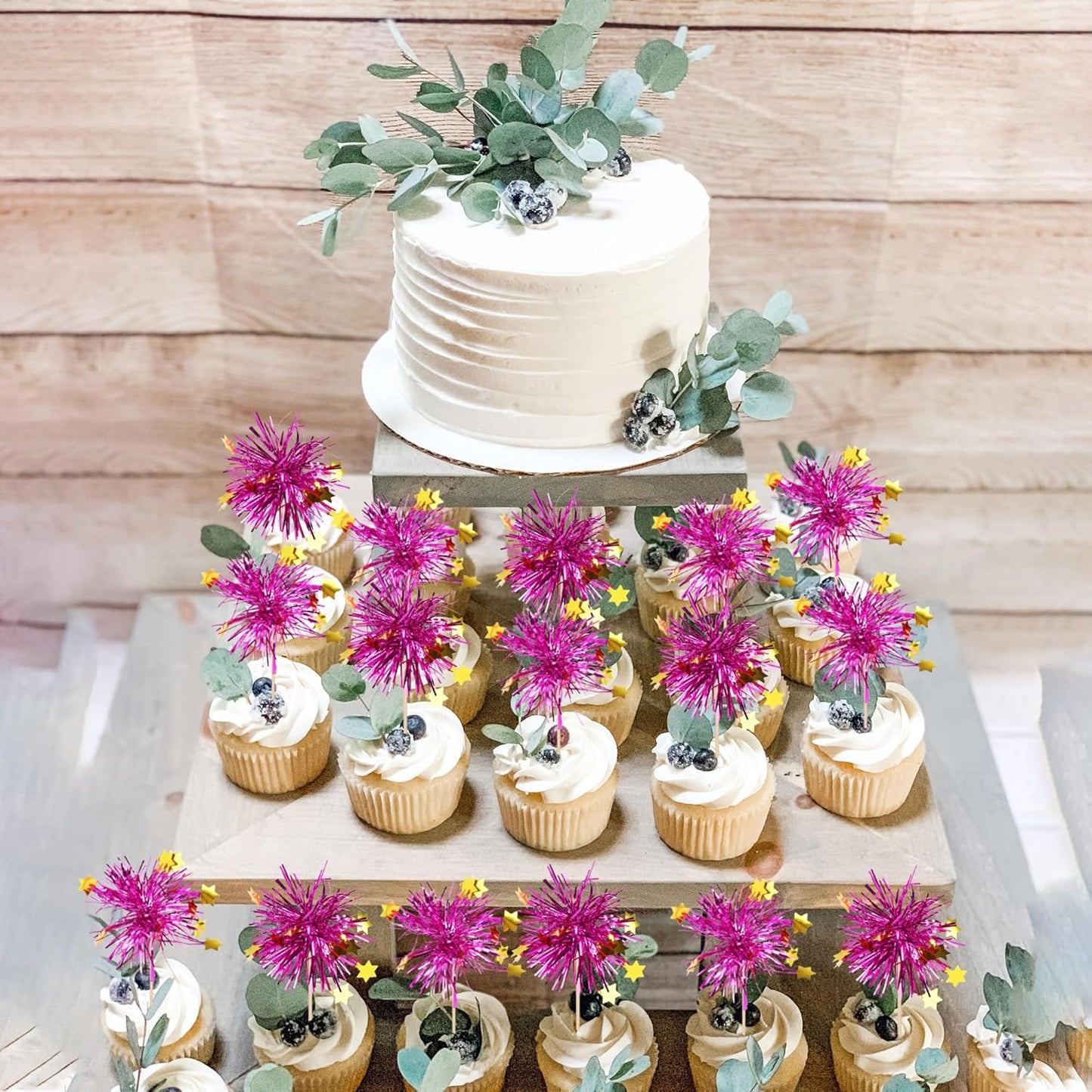 30 PCS Foil Firework Cupcake Toppers Happy Birthday Star Cupcake Picks Sparkle Tinsel Drink Stirrers Cocktail Fruit Toothpicks for Valentine's Day Wedding Birthday Party Decorations Supplies Purple