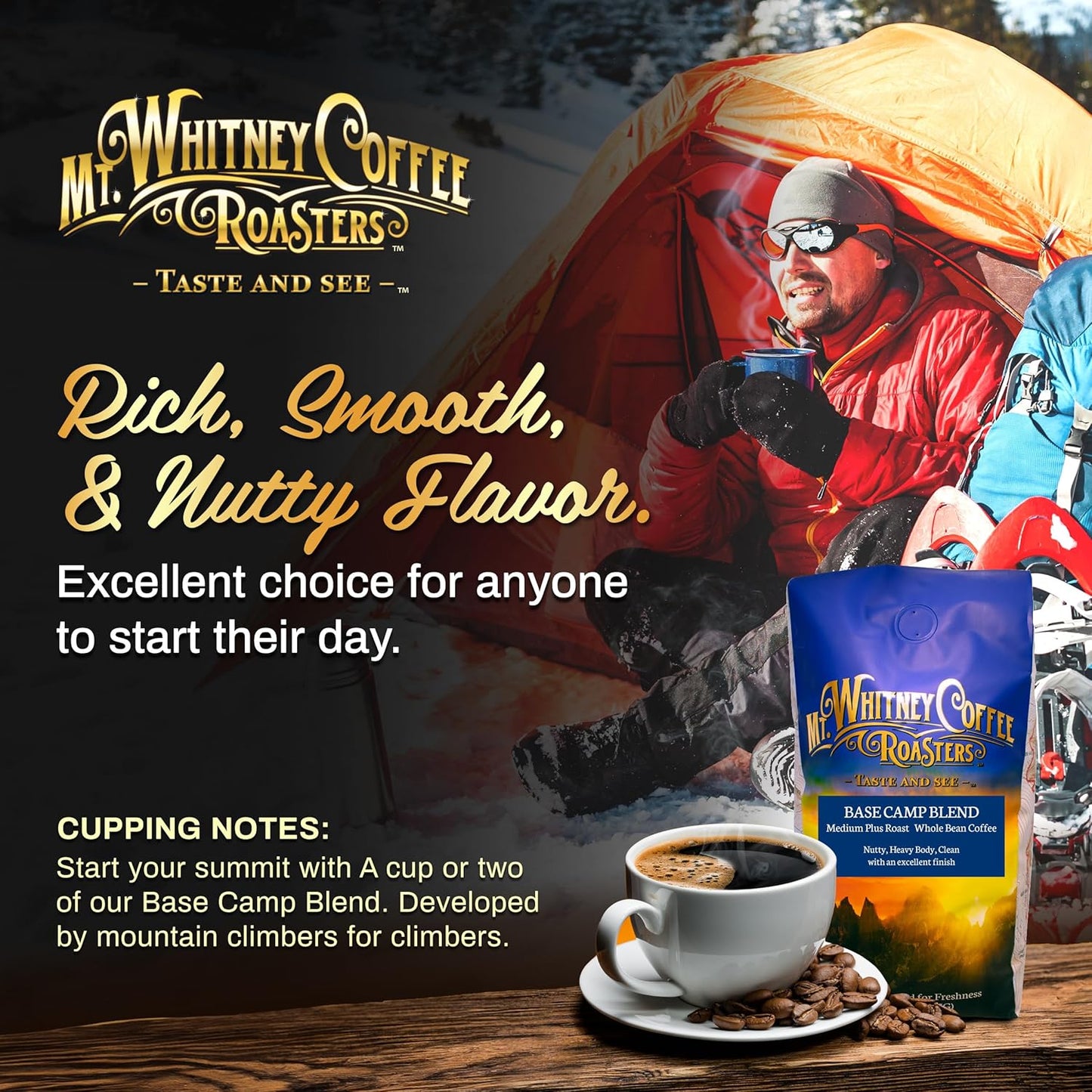Mt. Whitney Base Camp Blend Coffee Beans - Medium Dark Roast Coffee, Low Acid Coffee - Ground Coffee, 12 oz (Pack of 1)