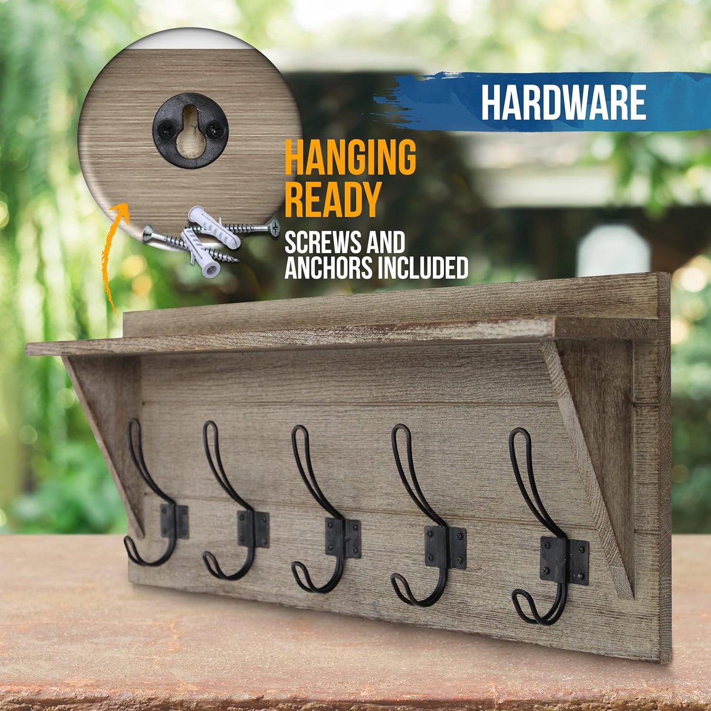 HBCY Creations Rustic Wall Mounted Coat Rack with Shelf - Solid Wood 24" Entryway Shelf with 5 Coat Hangers. Perfect Touch for Your Entryway, Mudroom, Kitchen, Bathroom and More, Weathered Brown