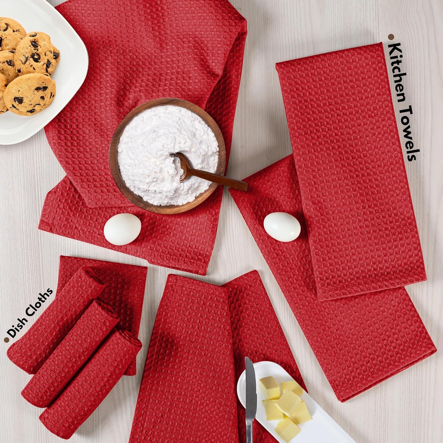 Native Fab 8 Piece Kitchen Towel & Dish Cloth Set - 100% Cotton, Soft, Absorbent, Quick Drying & Durable Cloths for Cleaning, Cooking - Machine Washable, Perfect for Home, Bars & Everyday Use - Red