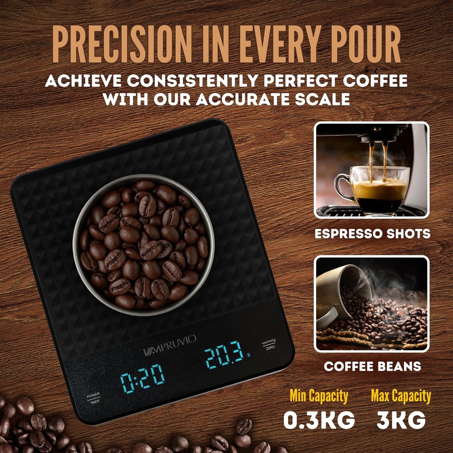 All-New 2025 Mini Coffee Scale w/Timer - 0.1g Precision Espresso Pour-Over Scale | 0.3-3kg Capacity - Rechargeable 400mAh Battery Lasts 45 Days/244 Cups Per Charge - Auto/Manual/Countdown Timer Modes
