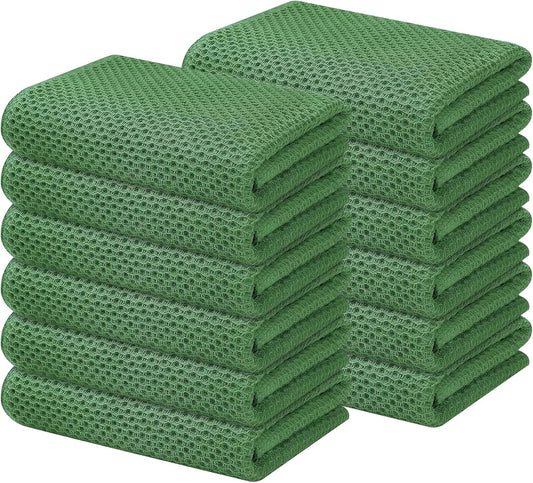 Kitinjoy 100% Cotton Waffle Weave Kitchen Towels, 12-Pack Super Soft and Absorbent Dish Rags for Drying Dishes, Kitchen Hand Towels, 13 in x 28 in, Grass Green