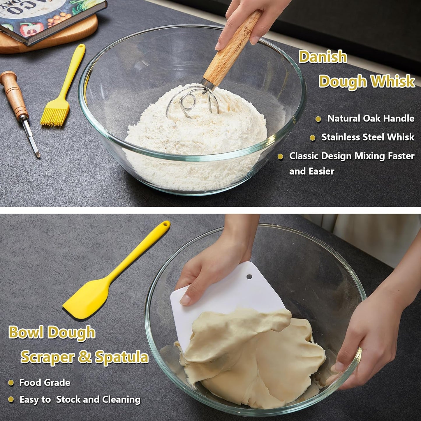 Sourdough Bread Baking Set - 10 Inch Oval & 9 Inch Round Banneton Bread Proofing Baskets with Linen Liner, Danish Dough Whisk, Dough Scraper Kit