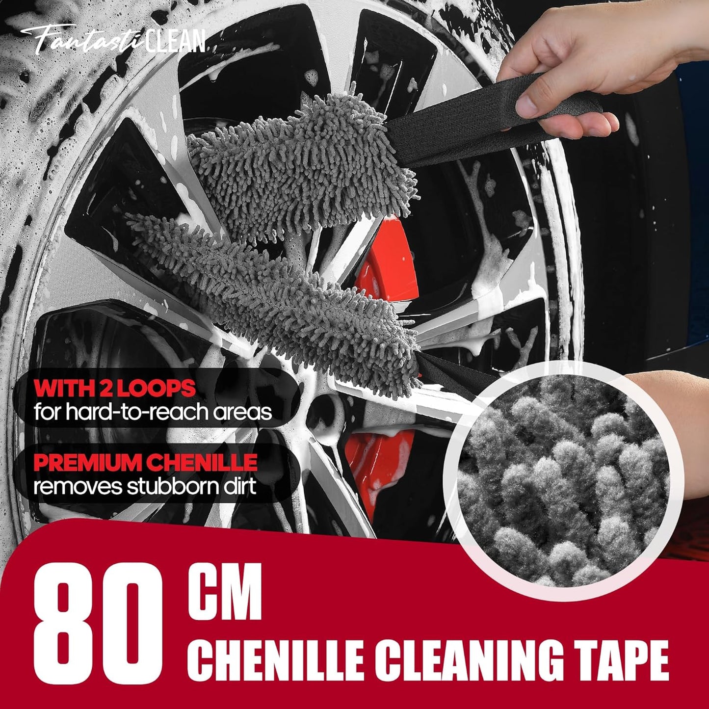 Fantasticlean 7PCS Car Wheel Brush Kit, Tire Brush, Soft-bristled Rim Brush, Scratch-Free Chenille Tape, Microfiber Bendable Brush, Curved Detailing Brush with Elbow Connector, Detailing Pads