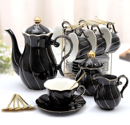 DUJUST 22 pcs Porcelain Tea Set for 6, Luxury British Style Tea/Coffee Cup Set with Golden Trim, Beautiful Tea Set for Women, Tea Party Set, Gift Package (Including a Stand) - Black