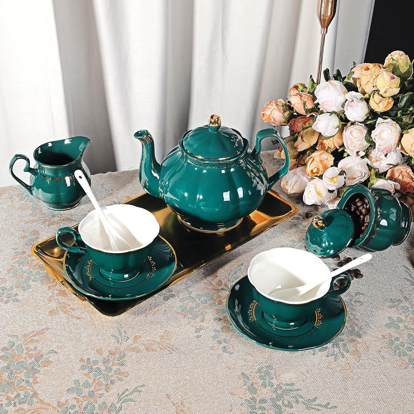fanquare 21 Piece Vintage Porcelain Tea Set, Green with Gold Trim Fine China Tea Sets for Party, Teapot with Tea Cup and Saucers Set for 6, Christmas Gifts