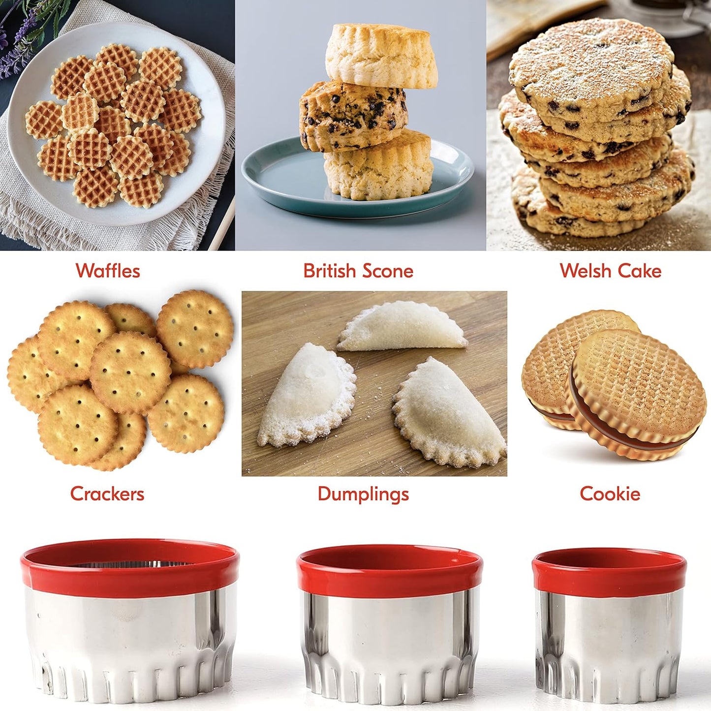 3Pcs Fluted Round Cookie Cutters - 2" & 2.6" & 3", Heavy Duty Food-Grade Stainless Steel, Mini Biscuit Cutter, Unique Design with Protective Red Top PVC