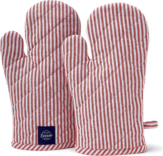 Encasa Homes Long 12"x7" Oven Microwave Hand Gloves Mitts (2 pc Set) for Kitchen Cooking & Baking - Heat Resistant, Thick & Safe, Protection of Hands from Hot Utensils - Ticking Red
