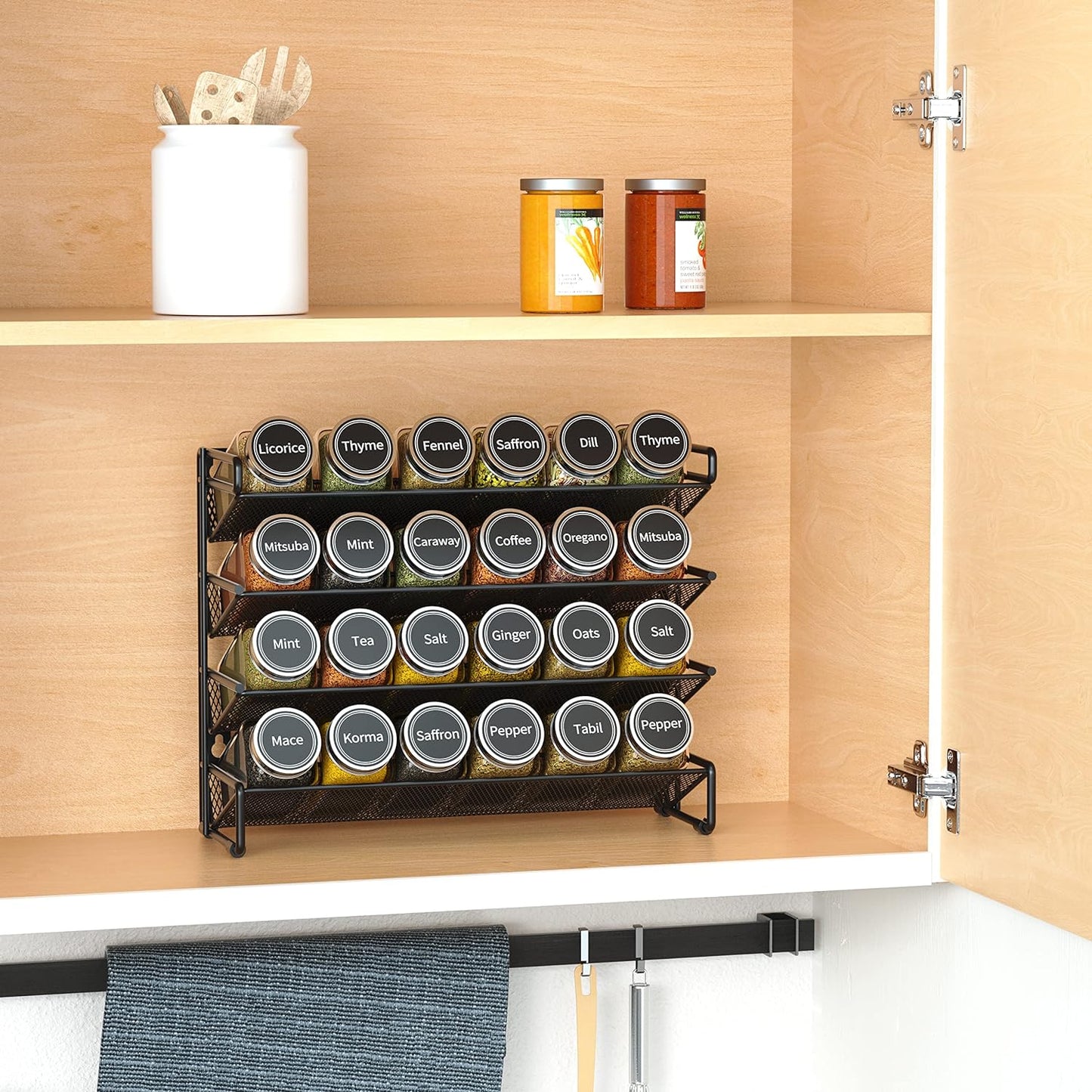 SpaceAid Spice Rack Organizer with 24 Spice Jars, 386 Spice Labels, Chalk Marker and Funnel Set for Cabinet, Countertop, Pantry, Cupboard or Door & Wall Mount -24 Jars, 11.8" W × 10.8" H, Black
