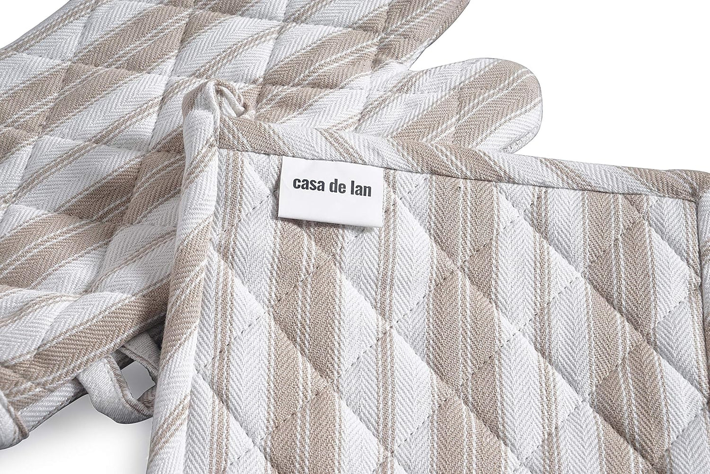 Oven Mitts & Potholder Set - Durable Heat Resistant Gloves - Thick Mittens for Kitchen - Suitable for Cooking, Baking, Grilling – BBQ - 2 Oven Mitts & 2 Potholders – Taupe Stripes - Casa De Lan