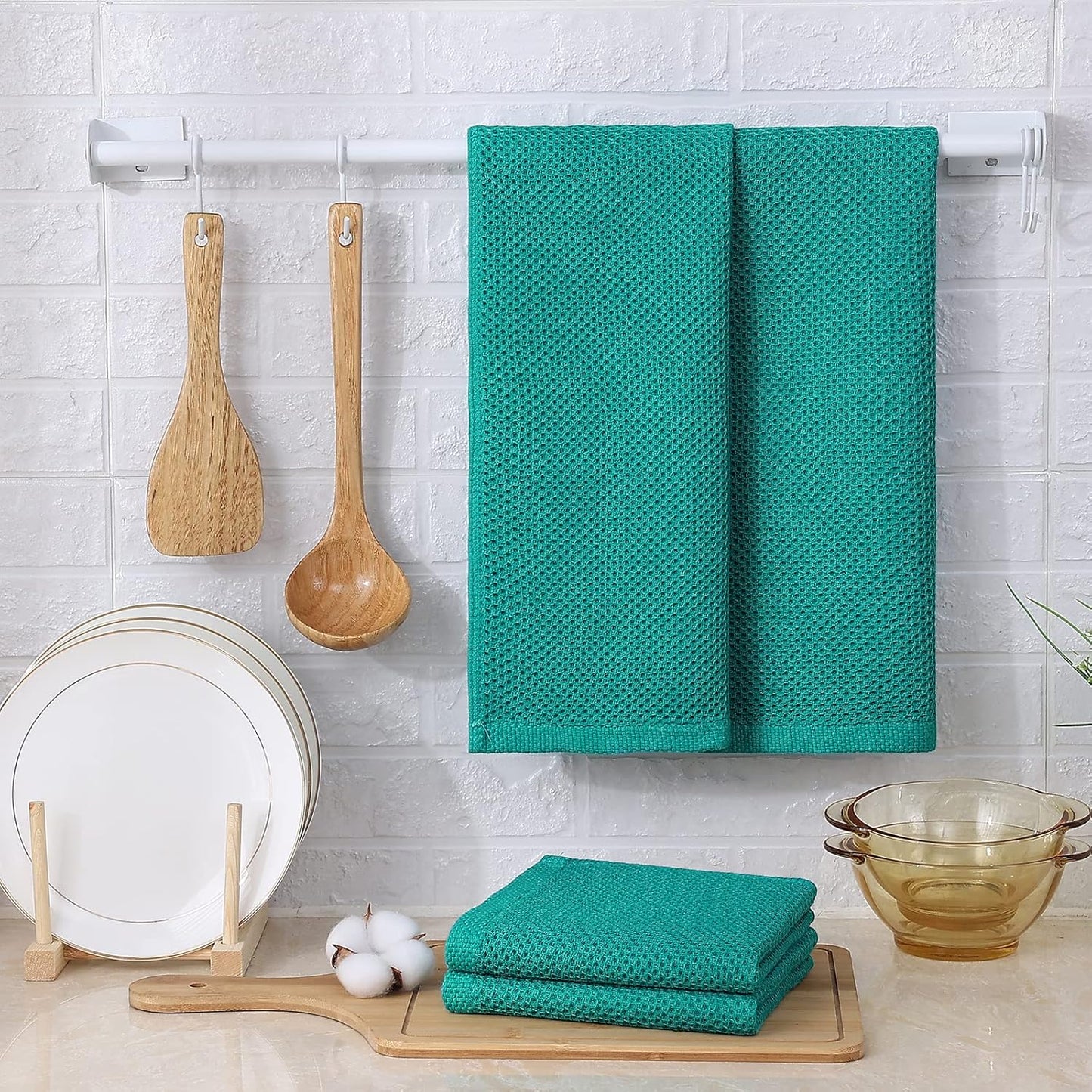 Kitinjoy 100% Cotton Waffle Weave Kitchen Towels, 4-Pack Super Soft and Absorbent Dish Towels for Drying Dishes, Kitchen Hand Towels, 13 in x 28 in, Teal