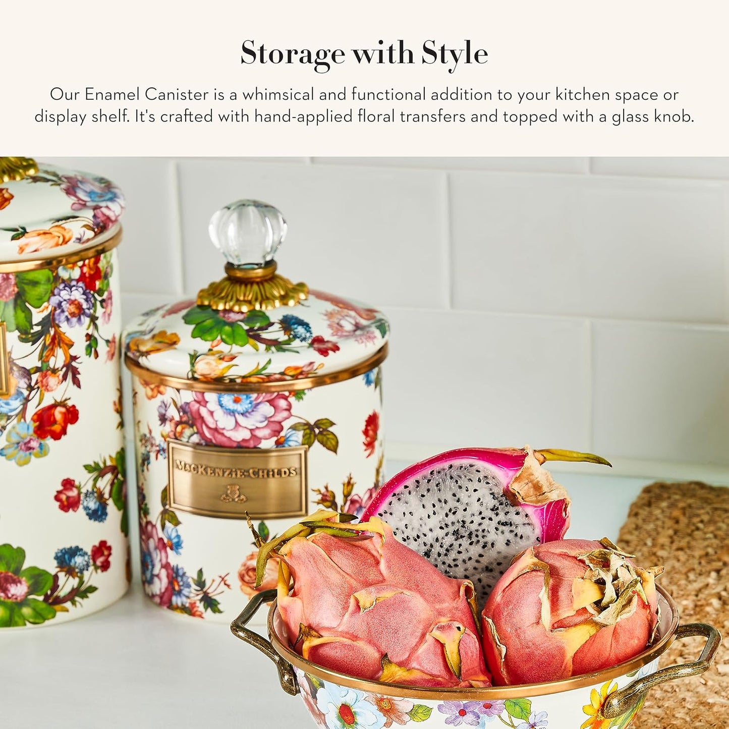 MACKENZIE-CHILDS Small Enamel Canister, Kitchen Storage Container for Flour and Sugar, 1.13 Liters, White Flower Market