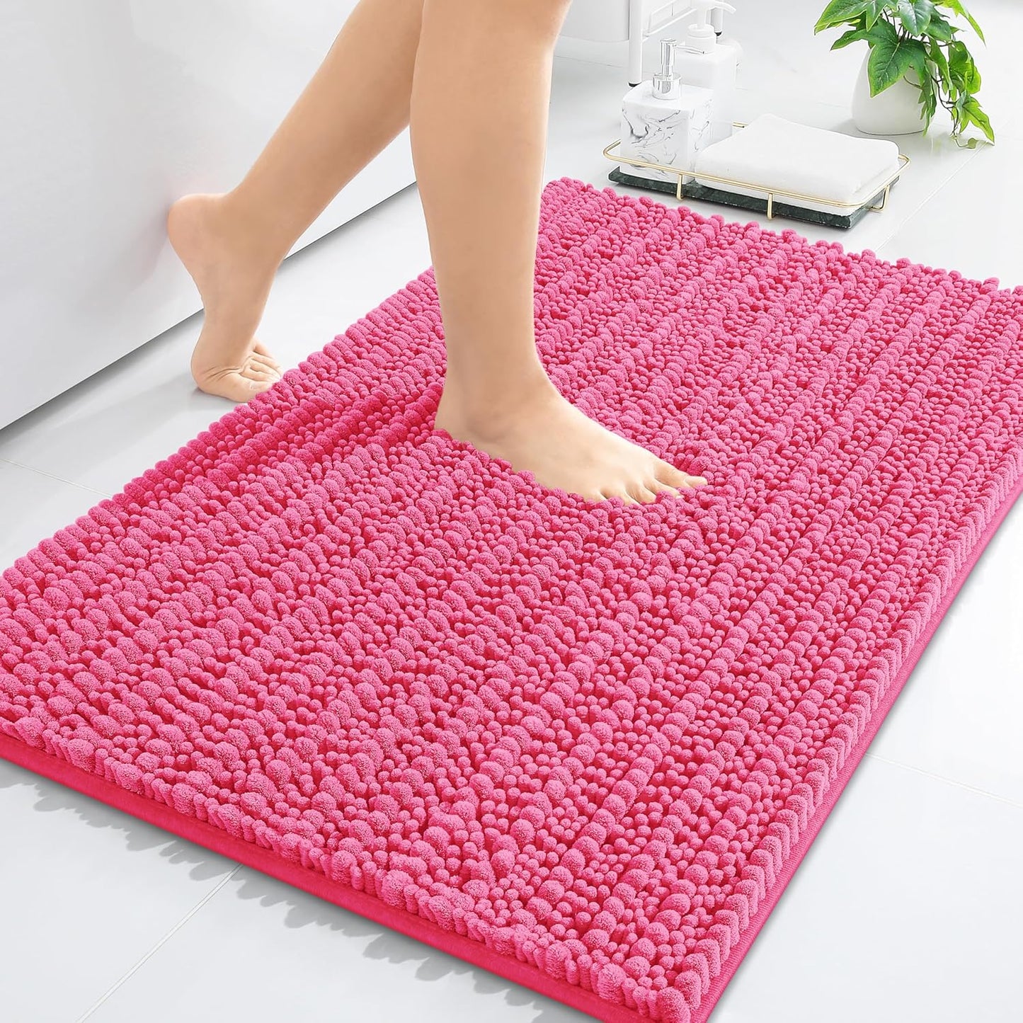 Arotive Luxury Chenille Bathroom Rug Mat, Extra Soft Thick Absorbent Shaggy Bath Rugs, Non-Slip Machine Wash Dry, Plush Bath Mats for Bathroom, Shower and Tub, 30x20, Deep Pink