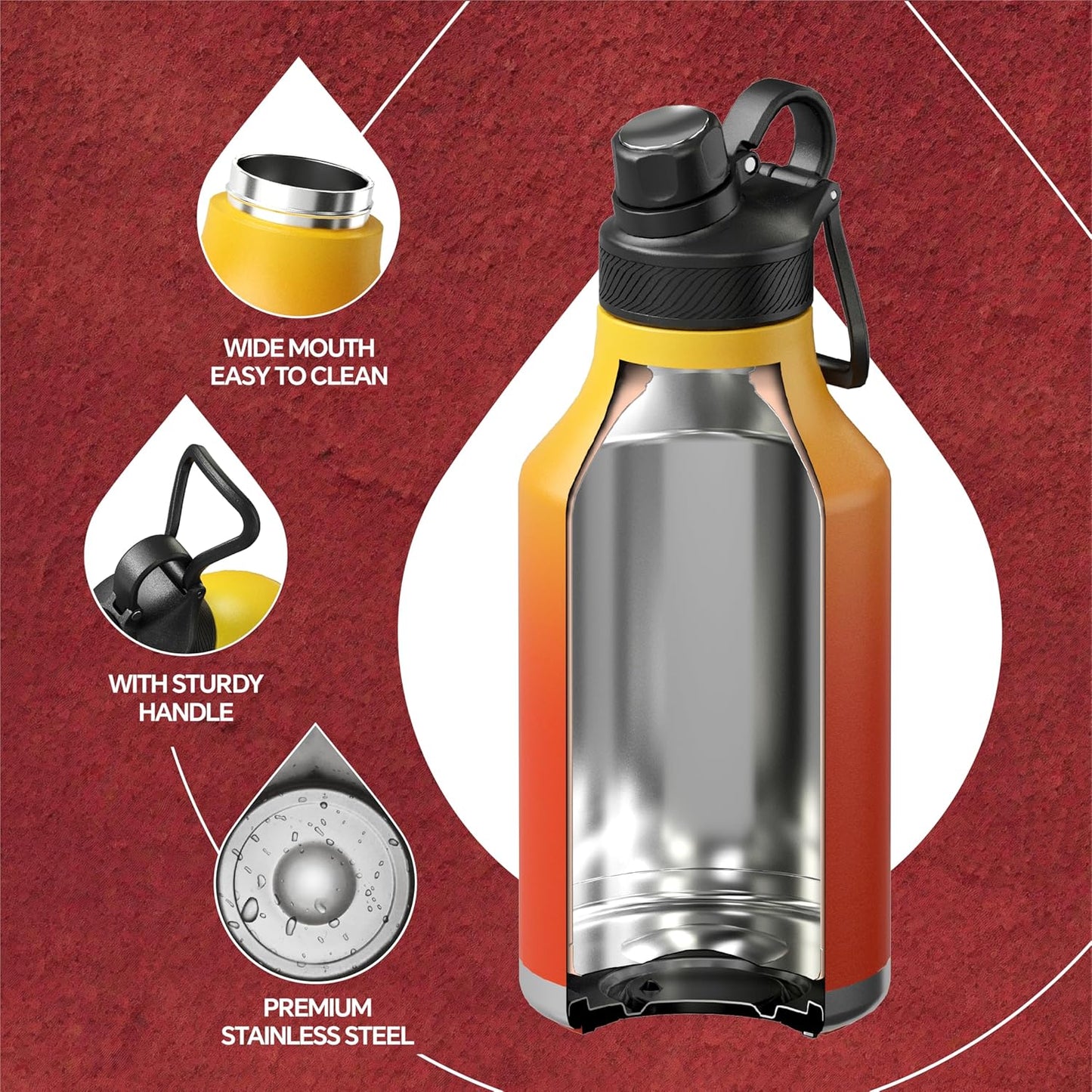 IDEUS Insulated Stainless Steel Water Bottle with 2 Leak-Proof Lids, Thermal Water Flask for Hiking Biking, 64oz, Yellow