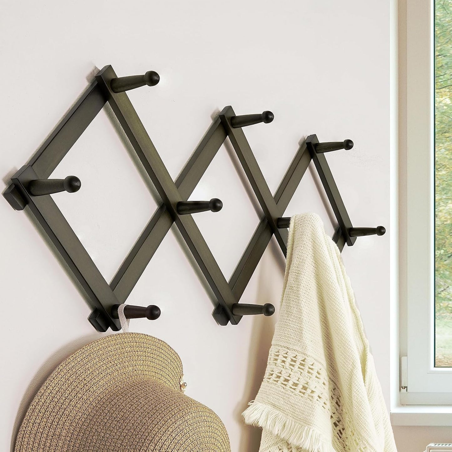 Dseap Accordion Wall Hanger: 16" High Wooden Expandable Coat Rack,Hat Rack,Accordion Hook Wall Mount for Baseball Caps,Coats,10 Peg Hooks,Dark Walnut