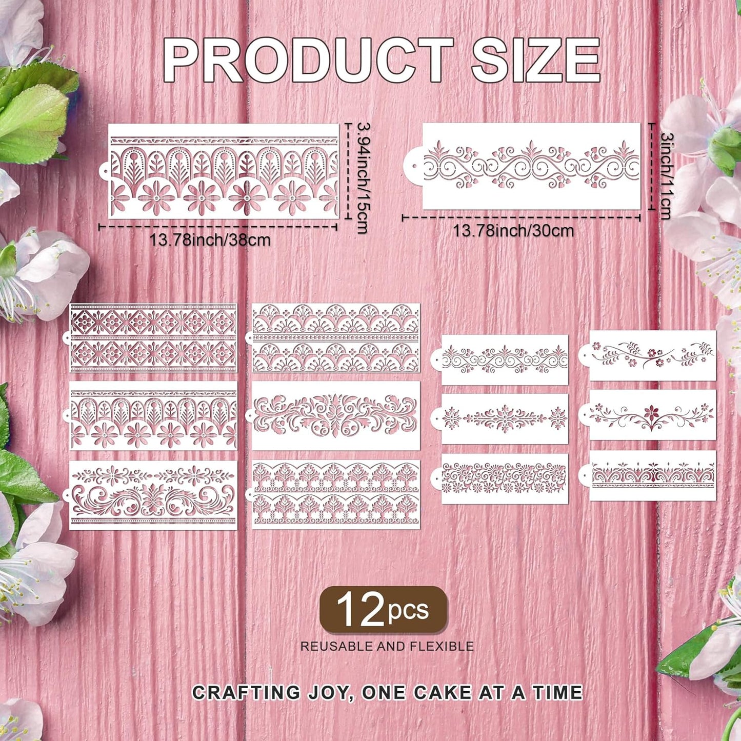 Cake Stencils Decorating for Baking - 12 Pcs Reusable Floral Border Stencils, Mexican Art Flower Lace Stencil, Buttercream Templates for Painting on Wood Crafts