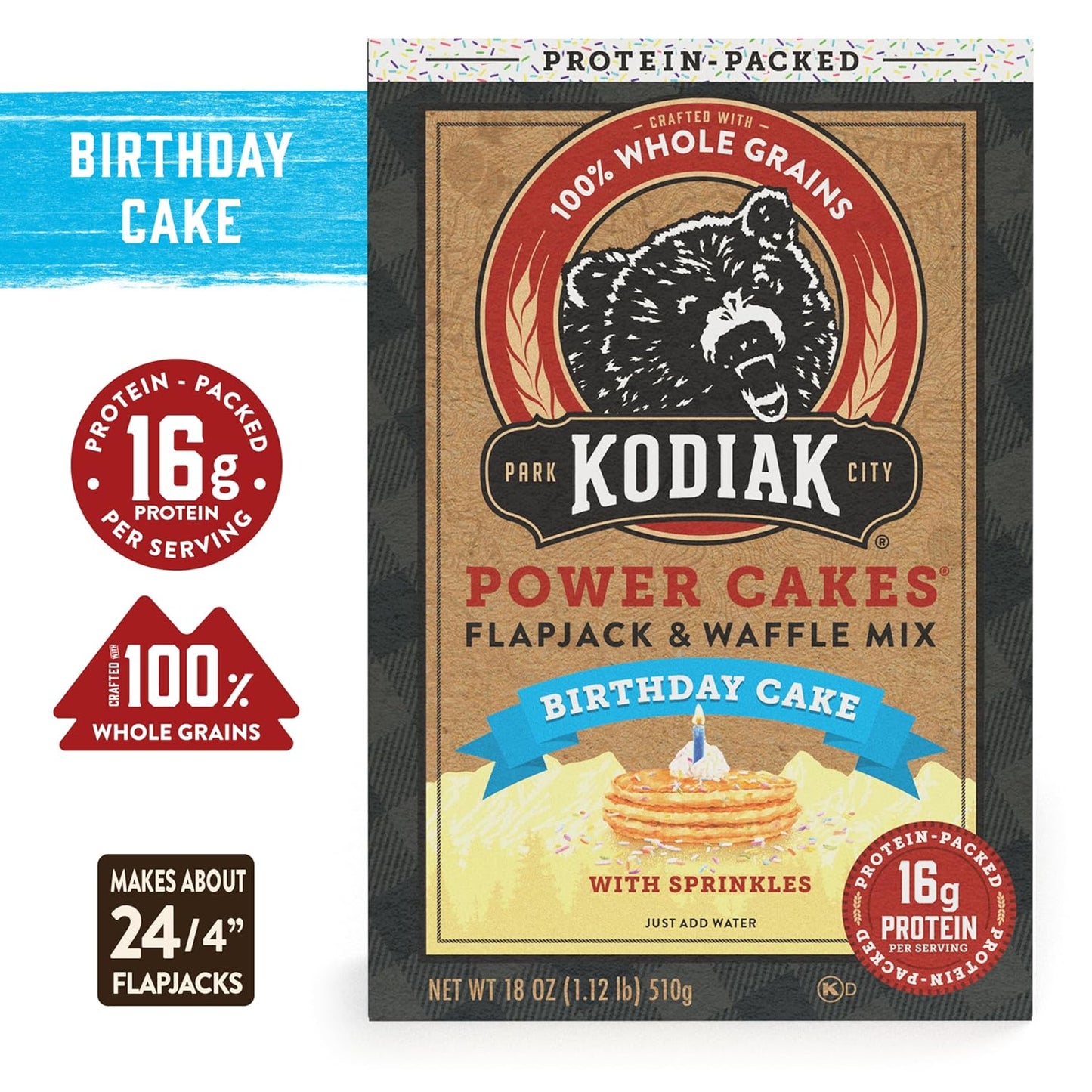 Kodiak Cakes Power Cakes - Protein Pancake Mix & Waffle Mix - 100% Whole Grain- Birthday Cake Flavor (Pack of 6)