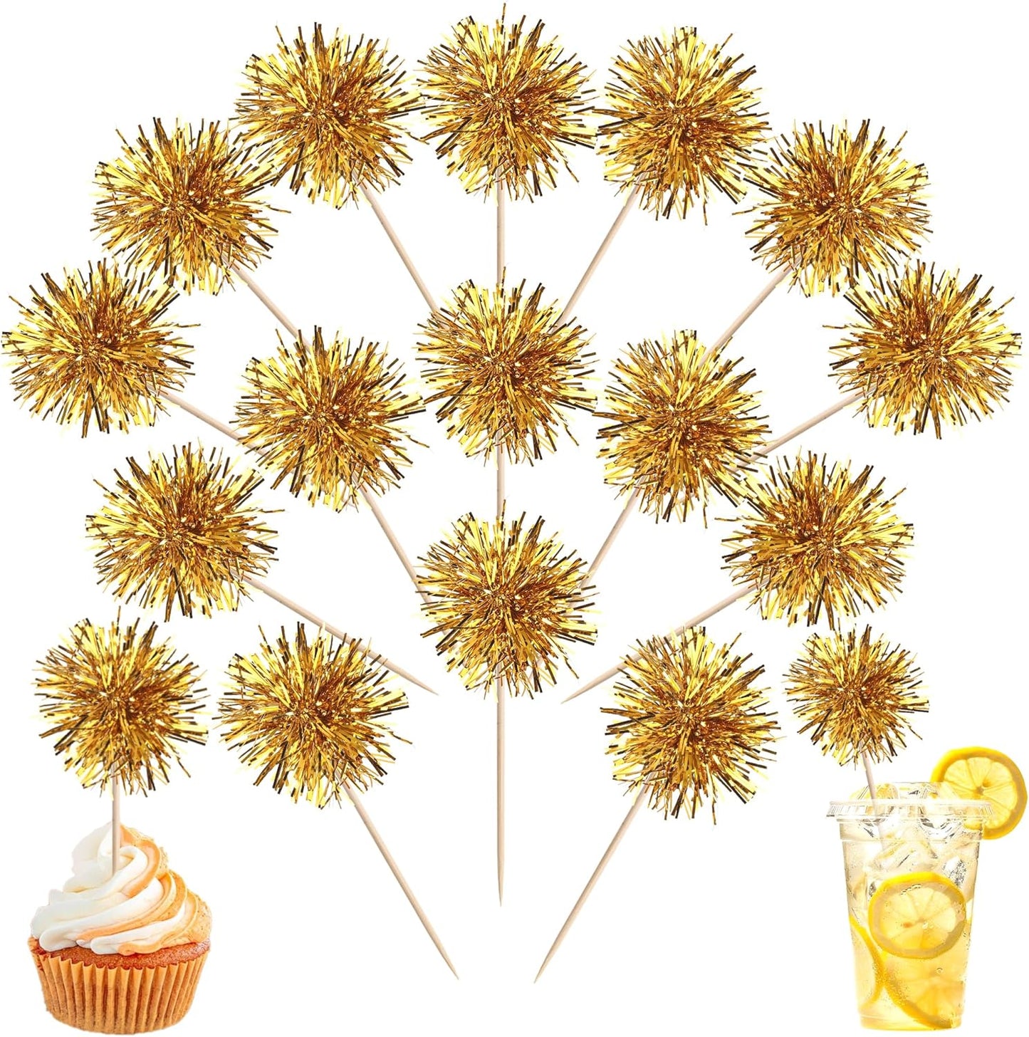 40 PCS Foil Firework Cupcake Toppers Fireworks Cupcake Picks Sparkle Tinsel Cake Decorations Cocktail Fruit Toothpick for Firework Theme Birthday Wedding Graduation Party Decorations Supplies Gold