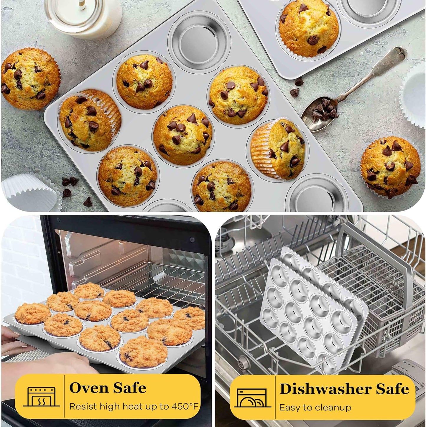 Homikit 3 Pack Muffin Pan, Stainless Steel Cupcake Tin with 12 Cups Regular Size, 13.8" x 10.4" Nonstick Metal Egg Bites Tray for Oven Baking, Non Toxic & Rust Free, Easy Release & Dishwasher Safe