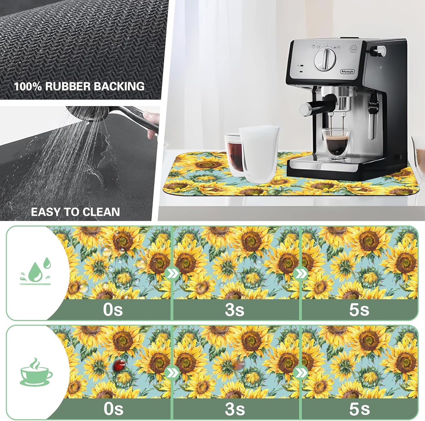 Dish Drying Mat Watercolor Rustic Sunflower Dish Drying Pad,16"X24" Bsorbent Coffee Mat for Sink Dishes or Under Rack Kitchen Counter Accessories Absorbent Hide Stain Rubber Backed Drying Mat