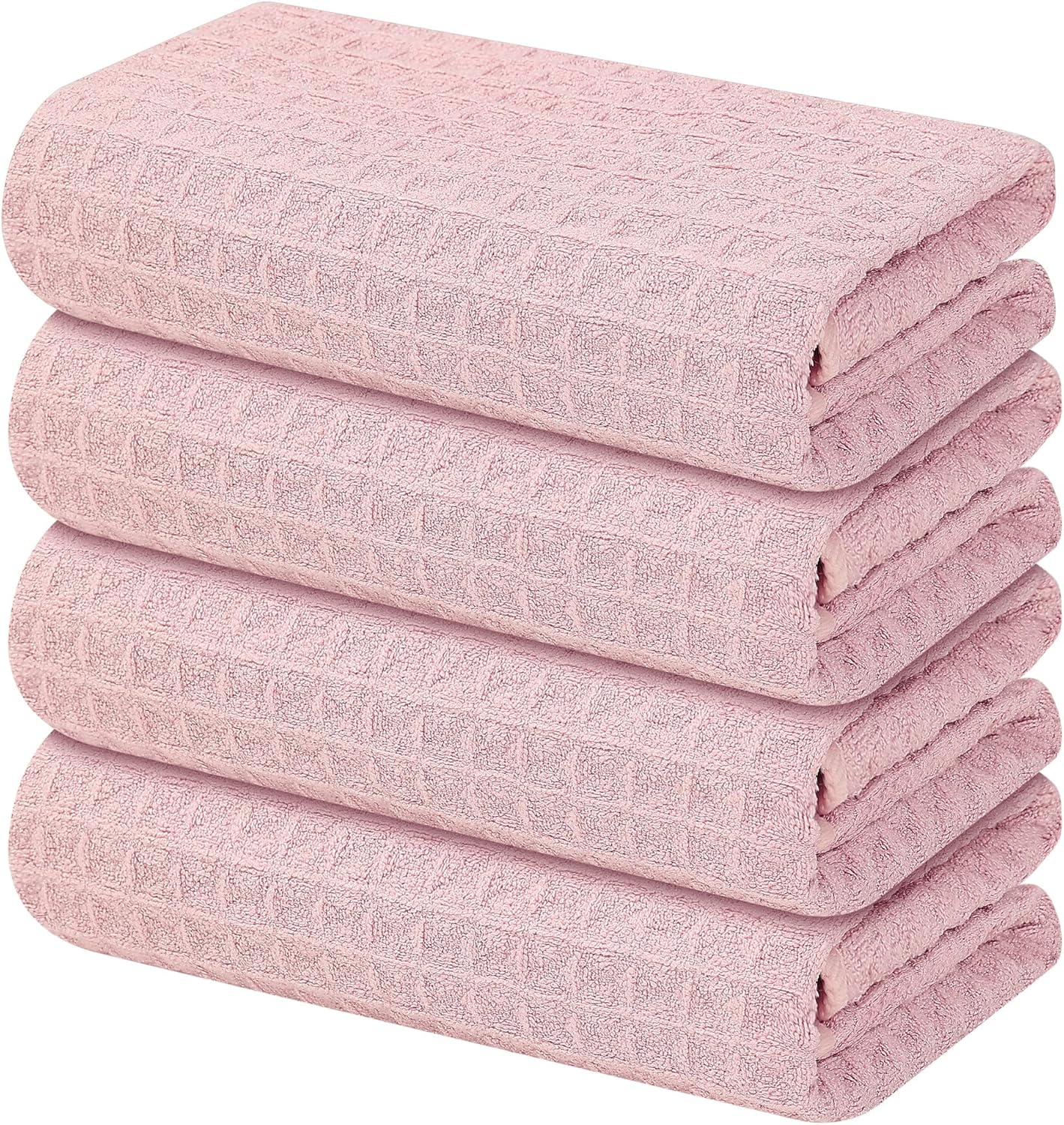 Homaxy Microfiber Waffle Weave Kitchen Towels, 16 x 28 Inch Ultra Absorbent and Solid Color Dish Towels, 4 Pack, Pink