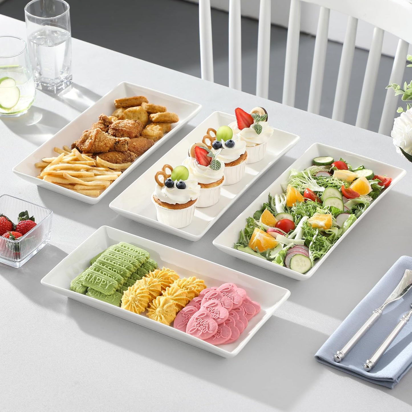 MALACASA Serving Platters Set of 4, Ceramic Serving Platters and Trays for Serving Food, Rectangular Serving Trays for Party, Large Serving Plates, Party Serving Trays and Platters - 12 Inch, White