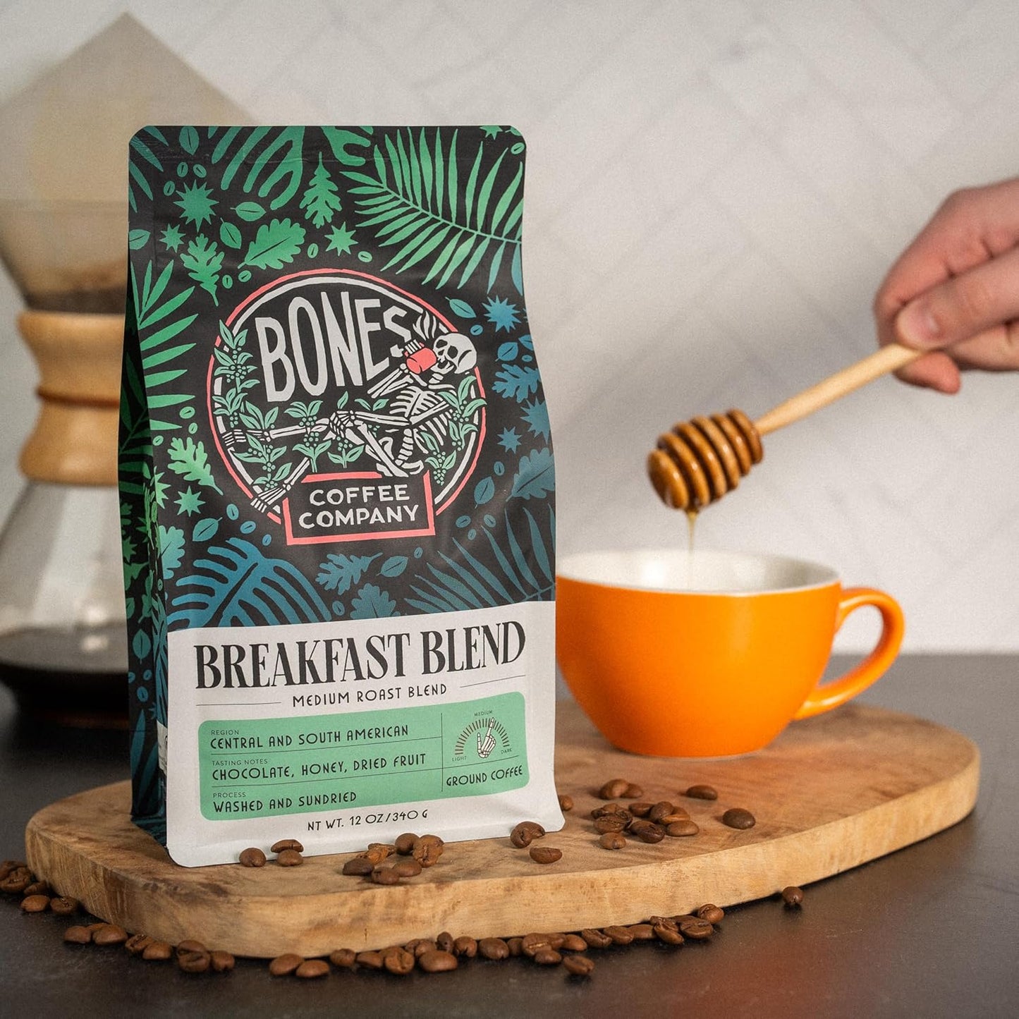 Bones Coffee Company Breakfast Blend, Chocolate, Honey and Dried Fruit Notes, Unflavored Coffee, Medium Roast Low Acid Arabica Beans Compatible with Auto drip and French Press Coffee Maker, 12 Oz Ground