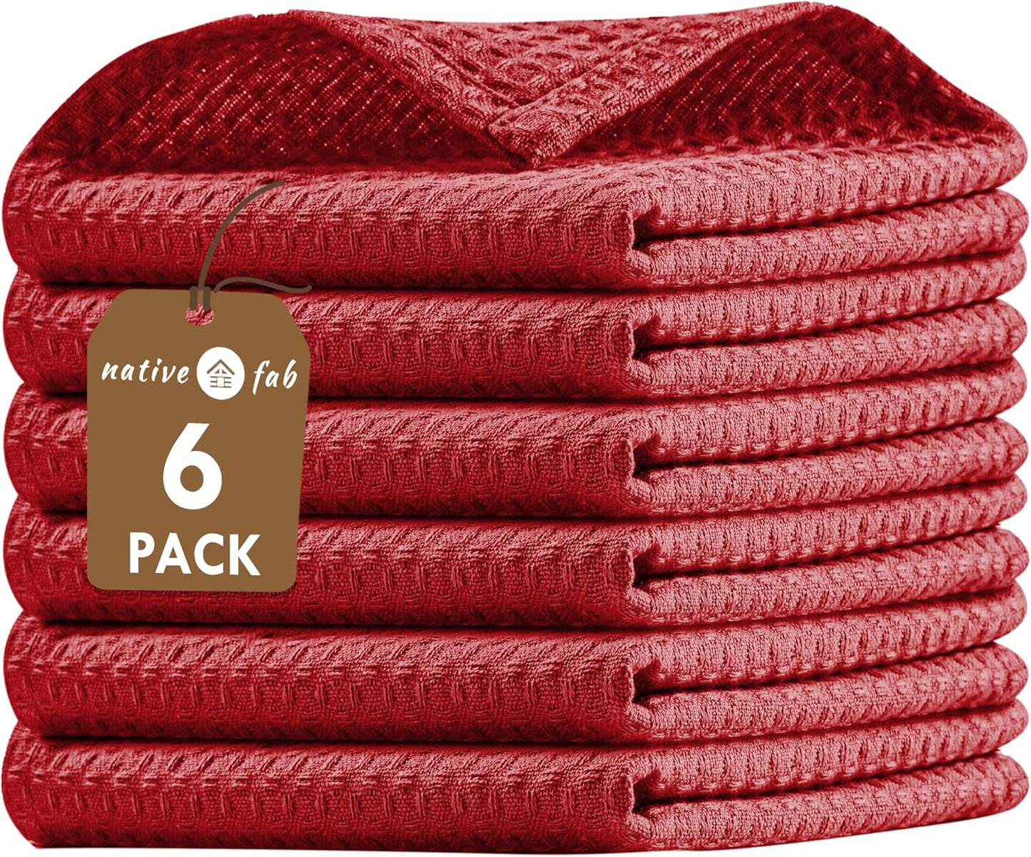 Native Fab 6 Pack Waffle Dish Cloths - 100% Cotton, Absorbent, Quick Drying & Soft Towels for Cleaning, Cooking & Baking - Ideal for Home, Restaurants & Cafes - 12x12 Inches - Red
