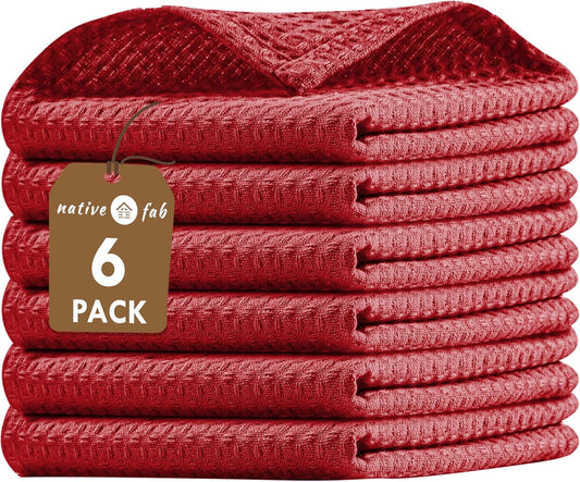 Native Fab 6 Pack Waffle Dish Cloths - 100% Cotton, Absorbent, Quick Drying & Soft Towels for Cleaning, Cooking & Baking - Ideal for Home, Restaurants & Cafes - 12x12 Inches - Red