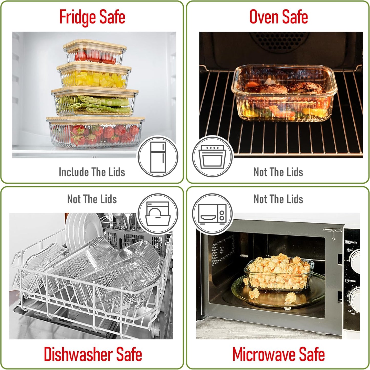 Ribbed Glass Tupperware Set with Bamboo Lids - 4 Stackable Meal Prep Containers. Durable heat resistant Inert Borosilicate Glass