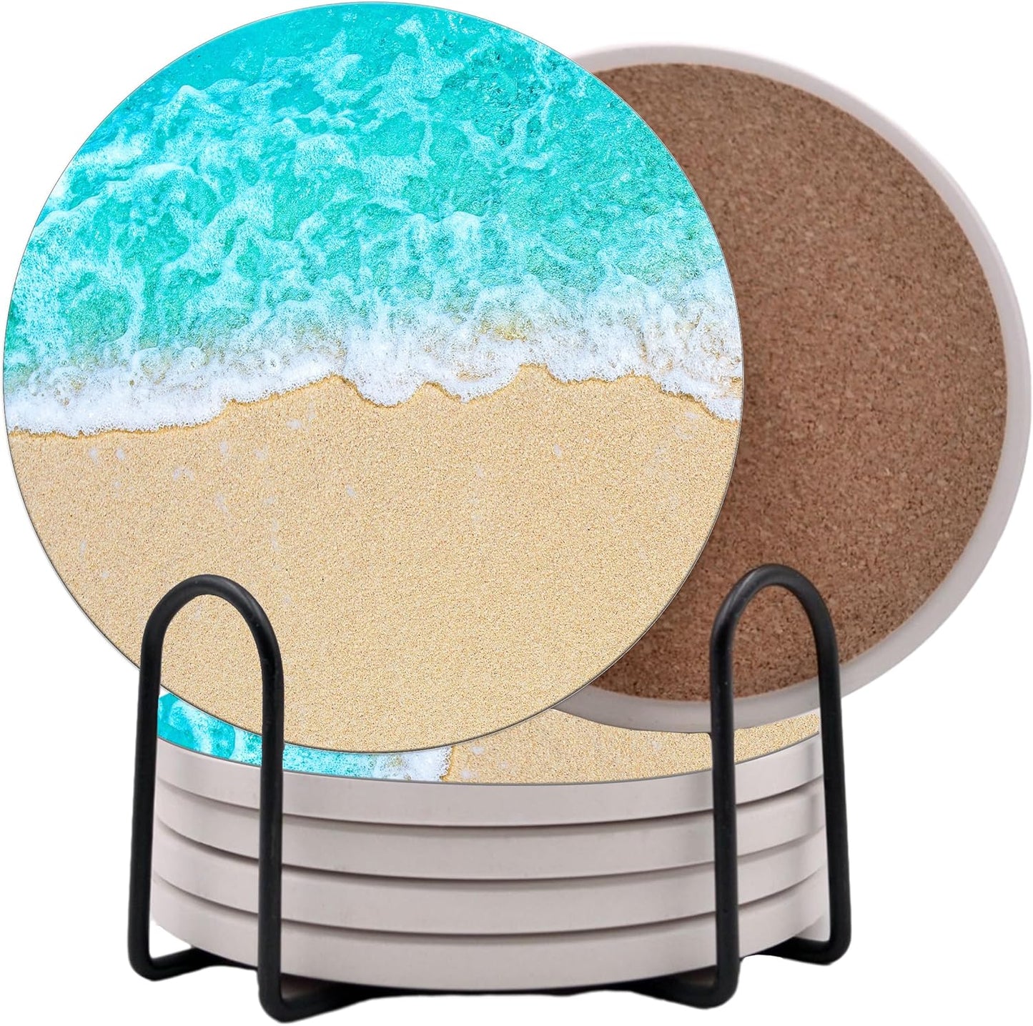 Ocean Coastal Theme Round Coasters Set of 6 - Abosrbent Ceramic Coasters with Metal Stand for Drinks, Beer, Coffee, Non-Slip Cork Back for Tabletop Protection, 4 Inches (Sand)