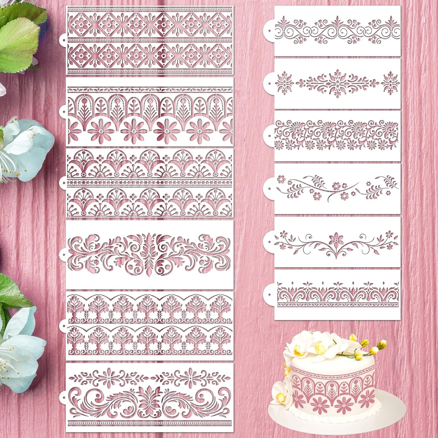 Cake Stencils Decorating for Baking - 12 Pcs Reusable Floral Border Stencils, Mexican Art Flower Lace Stencil, Buttercream Templates for Painting on Wood Crafts