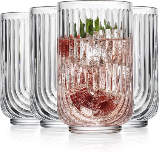 Glaver's Drinking Glasses Set of 4. 17oz Vintage Ripple Cocktail Glasses, Ribbed Highball Glass Cups. Arch Designed Art Deco Glassware for Water Juice Coffee.