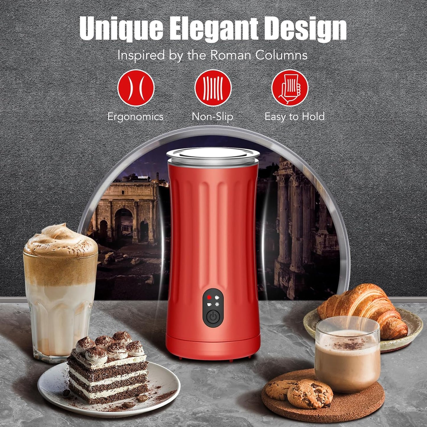 Milk Frother, Upgraded 4-in-1 Milk Frother and Steamer, Hot and Cold Foam Maker and Milk Warmer with Temperature Control & Auto Shut-Off, Frother for Coffee, Latte, Cappuccino, Matcha(Red)