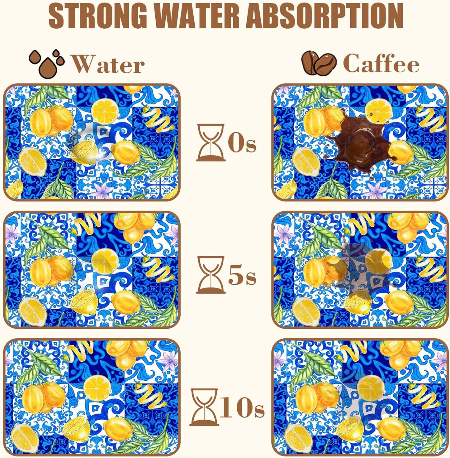 Lemon and Blue Tile Dish Drying Mat for Kitchen Counter Coffee Mat Hide Stain Absorbent Rubber Backed Dish Drainer Rack Pad Espresso Machine Coffee Bar Accessories 15.7 x 23.6 Inch