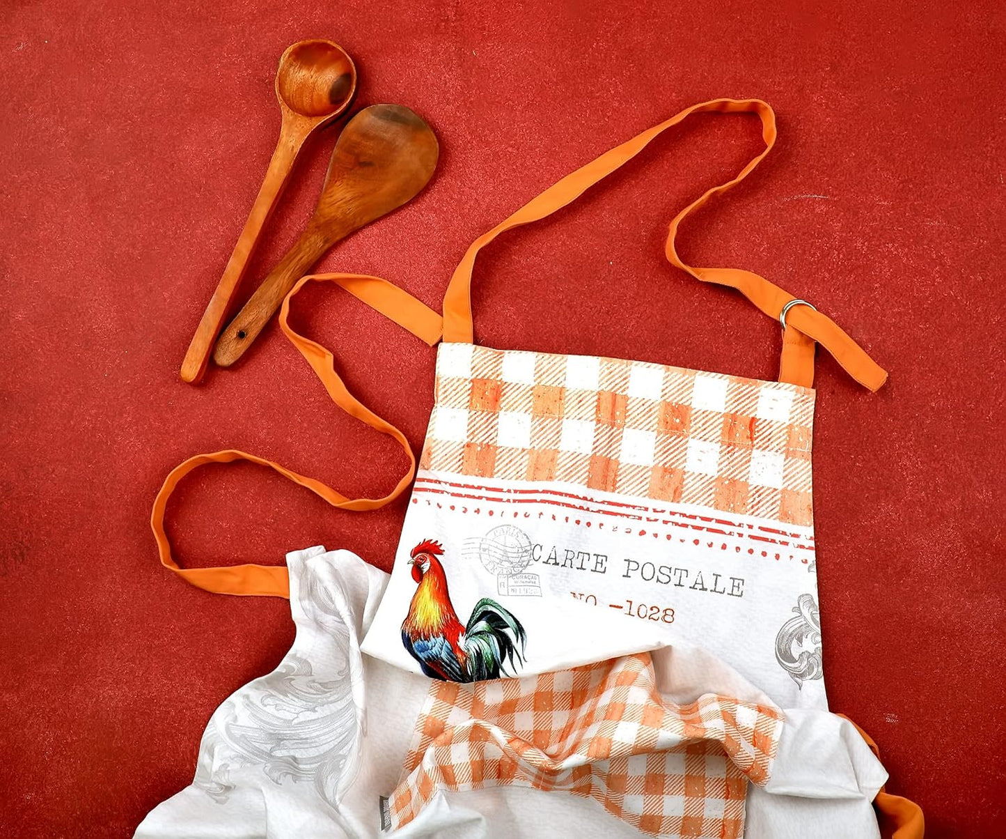 AMOUR INFINI Cotton Aprons for Women with Pocket, Adjustable Strap & Waist Ties - Washable Aprons for Baking, Cooking, Gardening (27.5 x 33 Inches - Farm Rooster)