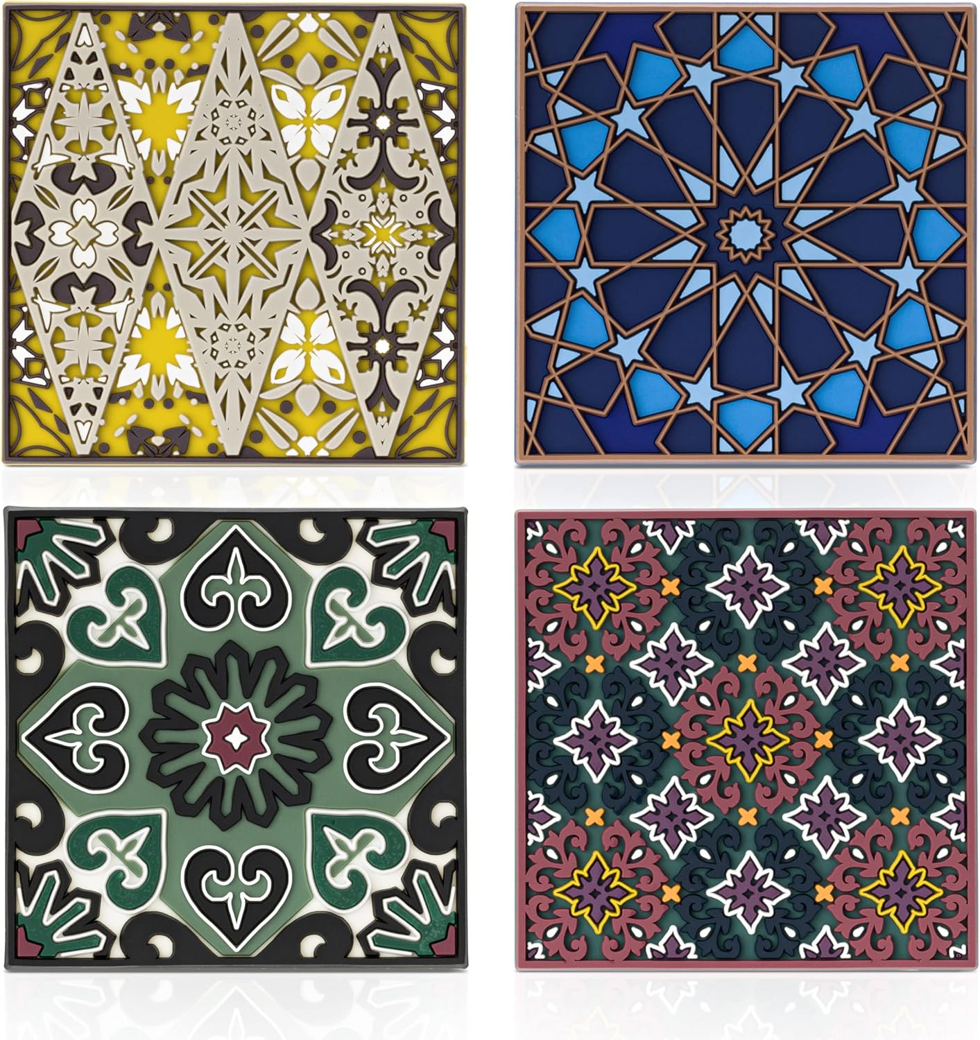 Silicone Coasters Set of 4, Protect Against Water Marks or Damage - Fit All Cups, 3.5" Inch Size, Colored Coasters (Combination 2)