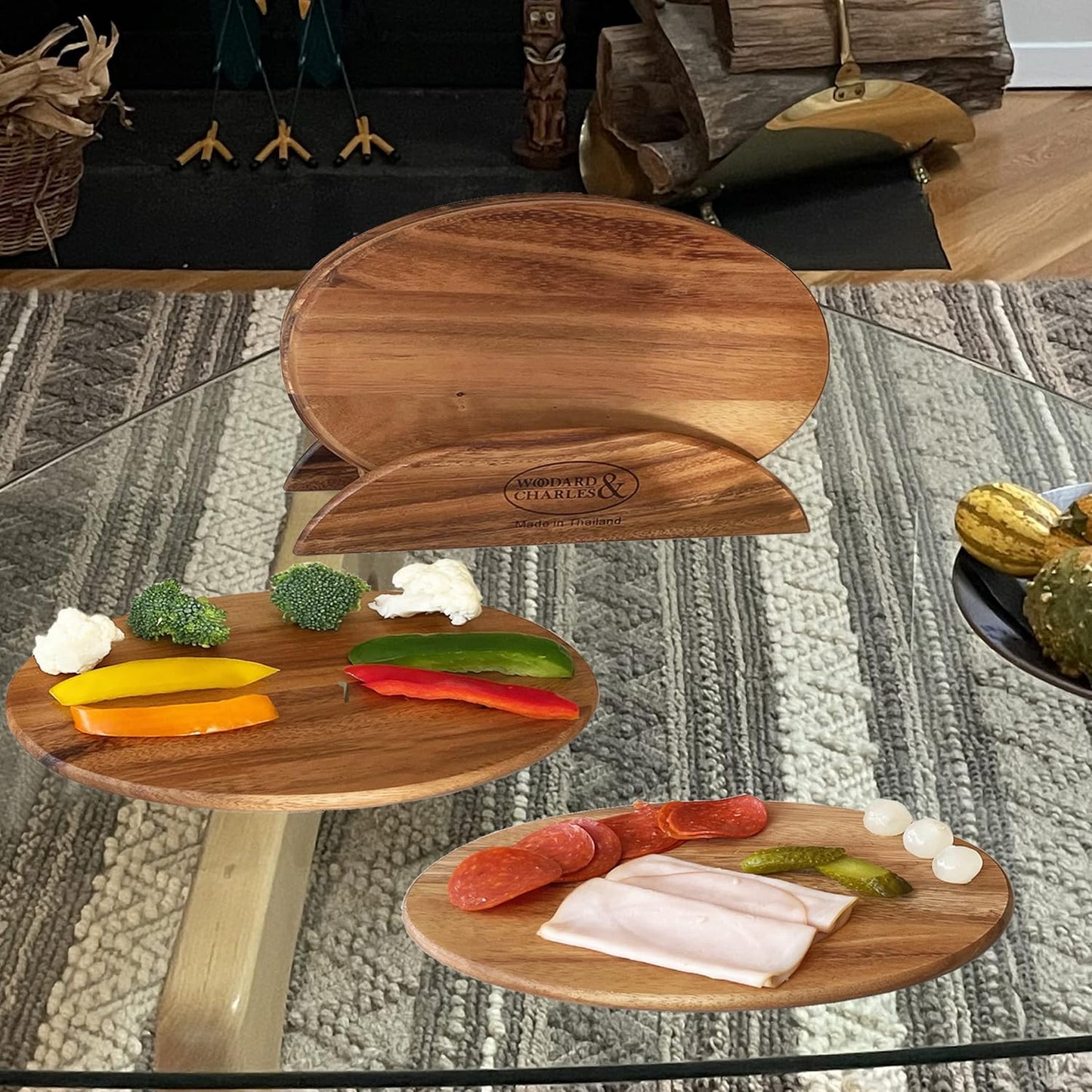 6 Acacia Wood Serving Boards with Stand, Perfect for Serving, Sushi, Cheese, Hors d'oeuvre, Charcuterie, Sandwiches by Woodard & Charles, 7 Piece Set, 9 1/2" x 6 1/2" ★★PACK OF 10★★