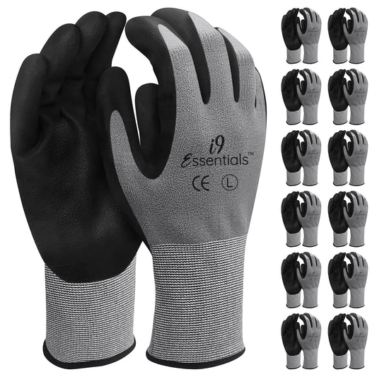 I9 Essentials Safety Work Gloves – 12 Pairs MicroFoam Nitrile Coated, Seamless Nylon Knit Grip Gloves for Construction, Home Improvement, Gardening, Mechanics, Automotive – Large, Breathable