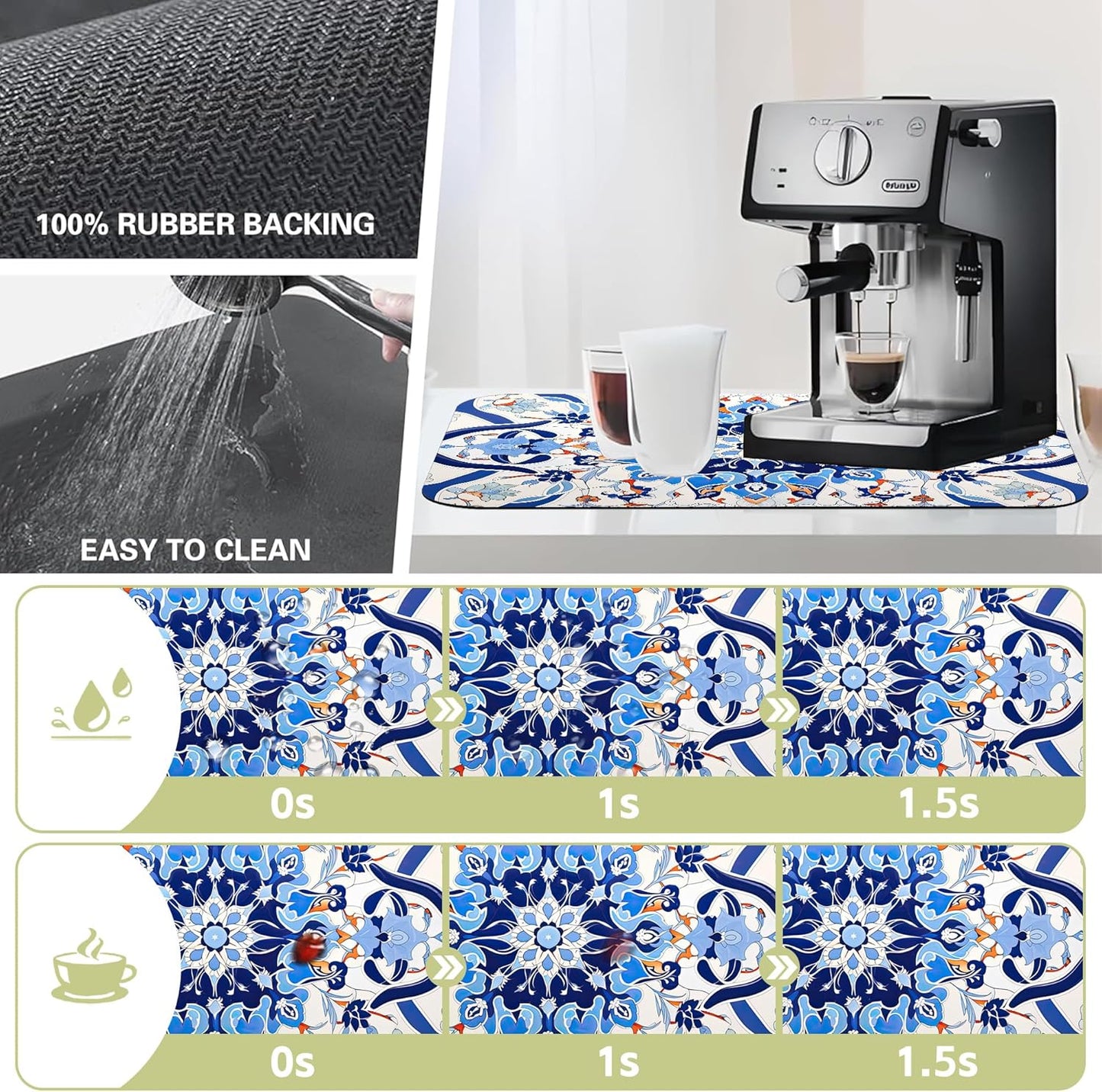 Dish Drying Mat Mandala Blue Floral Kitchen Mat 16"x24" Bsorbent Coffee Maker Mat for Dishes,Utensils Coffee Maker Pots and Pans Easy Clean Dish Slip Resistant Pad