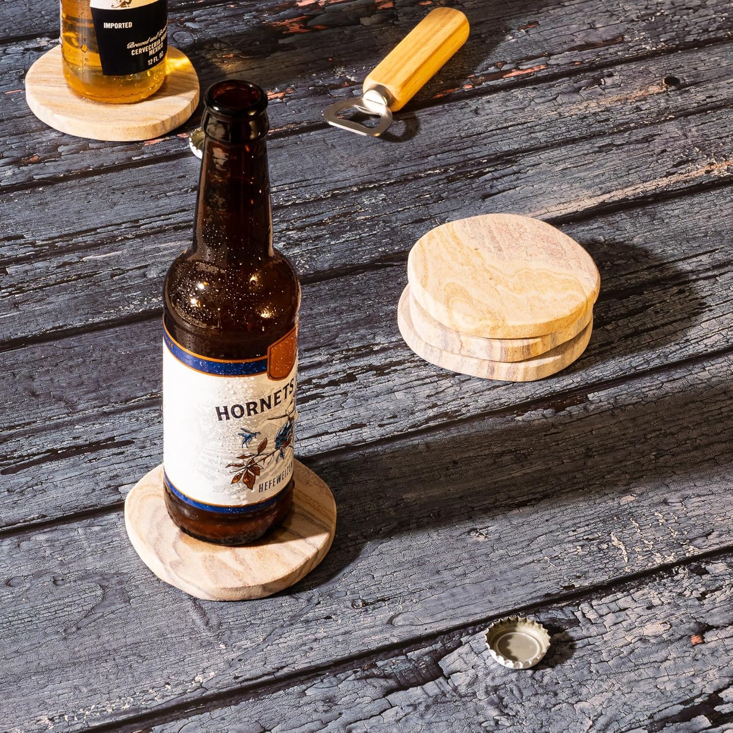 Cork & Mill Absorbent Coasters Set of 6 - Water Absorbing Sandstone Coasters for Drinks - Perfect for Coffee Table, Office Desk, Outdoor, Bedroom Nightstand - 4" Round - Unique Irregular Edge Design